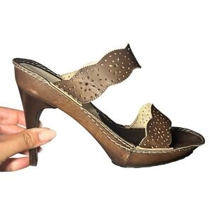 Caterina Lucchi Heeled Sandals 38 Brown Laser Cut Whipstitch Leather Heels